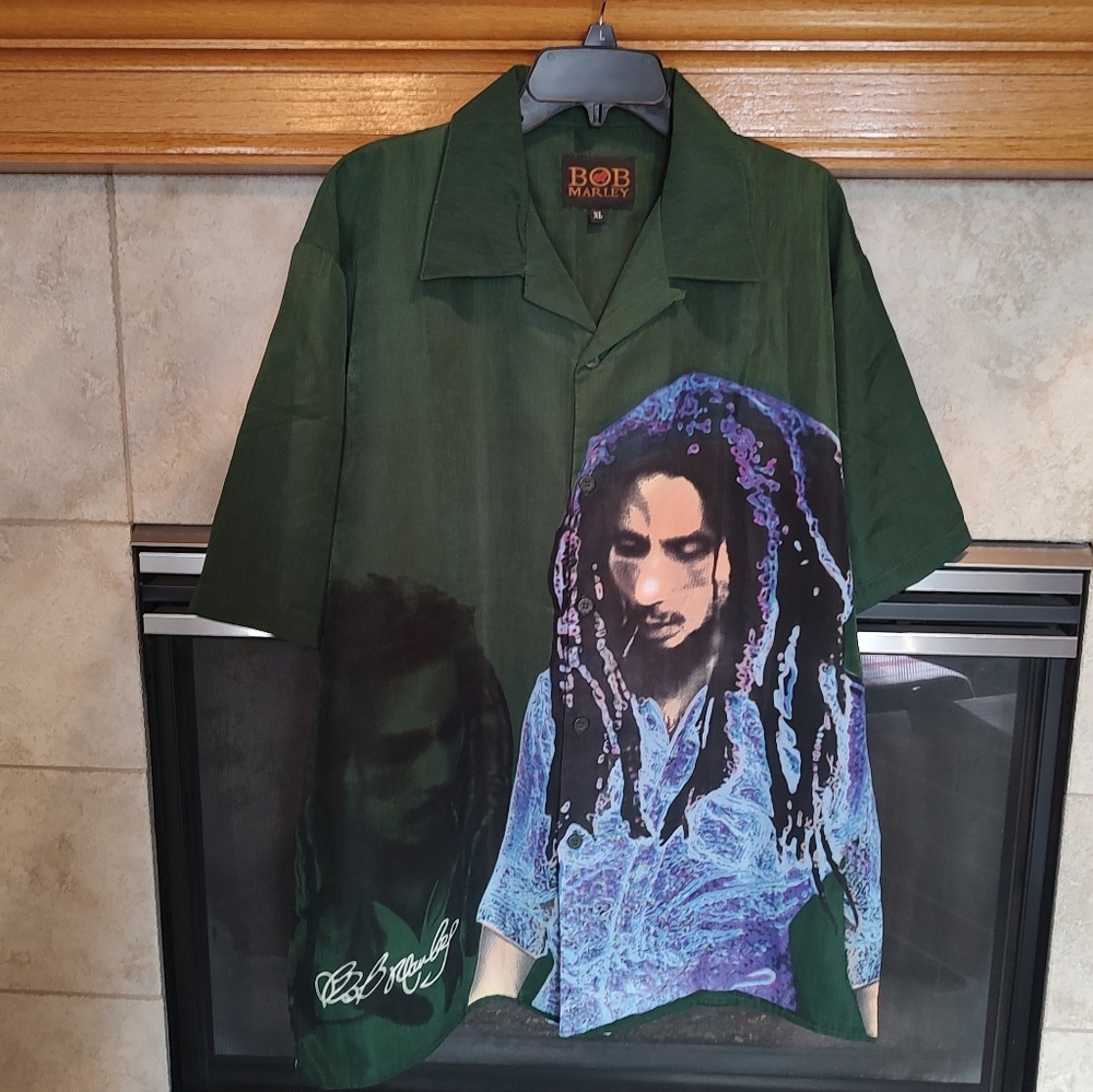 Bob Marley Button Short Sleeve Shirt Rasta Reggae Green Men XL - Picture 2 of 7